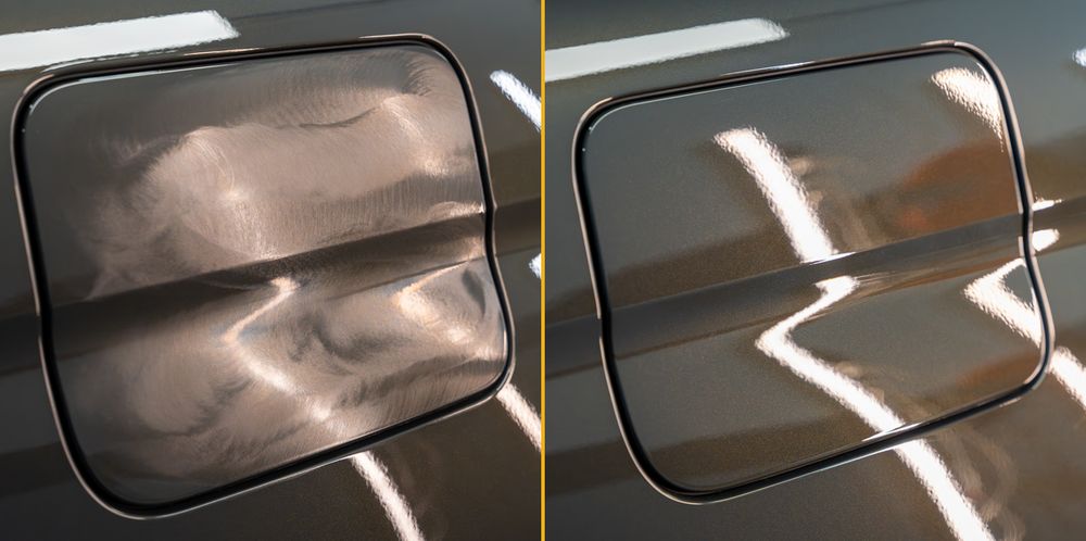 A BMW fuel door before and after polishing: swirled on the left, clear reflections on the right